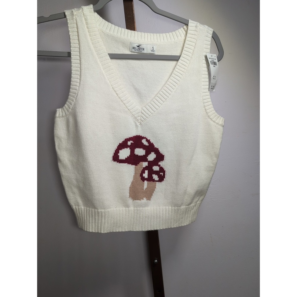 Hollister Women Preppy Mushroom Knit Cropped Tank Top Sweater Vest S White NEW